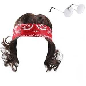 WILLBOND Men's Costume Kit with Curly Wig Glasses Red Bandana